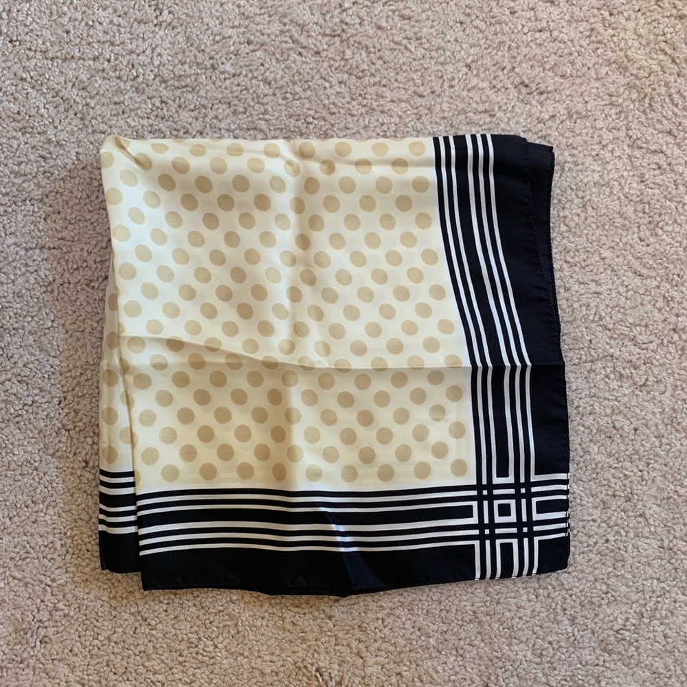 Gap Tan Polka Dot Silk Scarf with Black and White Patterned Border